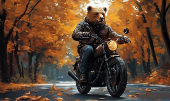 Illustration of a bear in a jacket on a bike in an autumn forest. Selective focus.
