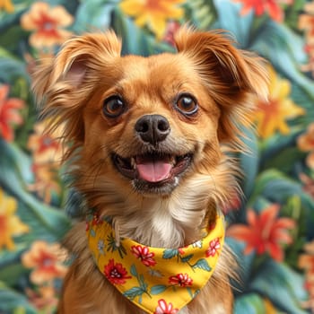 Small brown dog with a blue floral bandana around its neck. The dog is looking at the camera with a curious expression