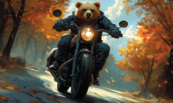 Illustration of a bear in a jacket on a bike in an autumn forest. Selective focus.