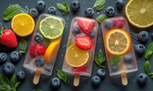 Fruit ice lolly, with berries and citrus slices on a dark background. Selective focus.