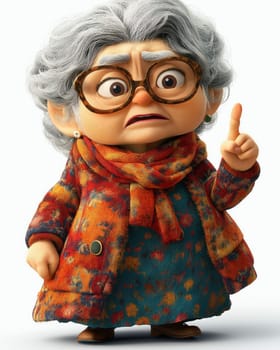 Cartoon dissatisfied elderly woman shakes her finger, on a white background. Selective focus.