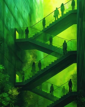 City life, people walk up the stairs, on an abstract background. Selective focus.