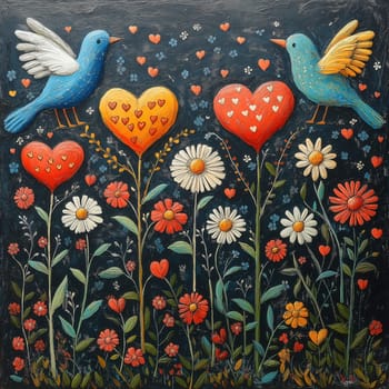 Black textured background with painted birds, flowers and hearts. Selective focus.