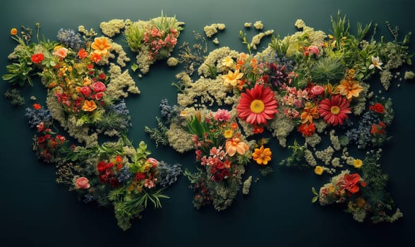 Creative design of a world map laid out of flowers, on a dark background. Selective focus.