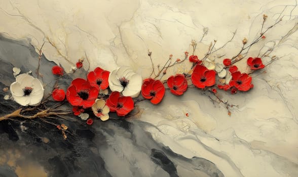 Abstract painting in white, red and gray tones, with flowers on textured background. Selective focus.