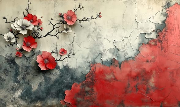 Abstract painting in white, red and gray tones, with flowers on textured background. Selective focus.