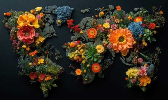 Creative design of a world map laid out of flowers, on a dark background. Selective focus.