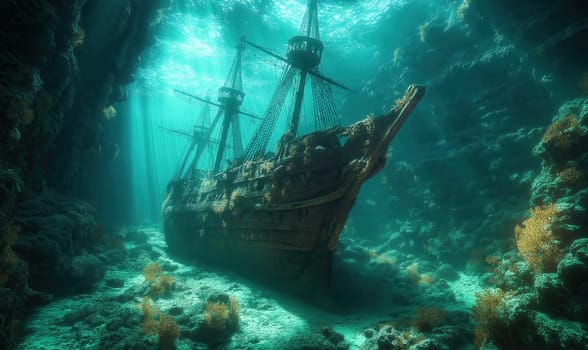 Illustration, a sunken sailing ship on the seabed. Selective focus.
