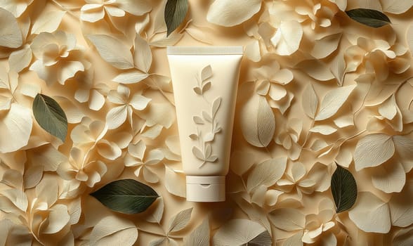 A tube of cream on a creative background, light on light. Selective focus.