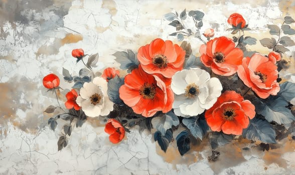Abstract painting in white, red and gray tones, with flowers on textured background. Selective focus.