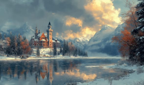 Winter castle standing on the shore of a reservoir against the backdrop of mountains. Selective focus.