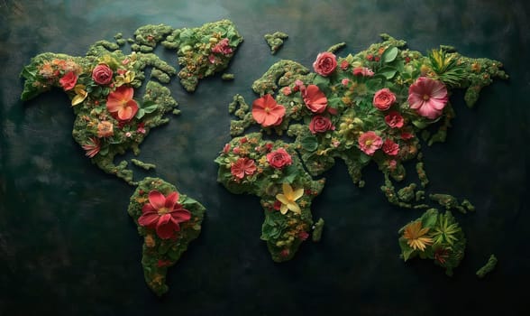 Creative design of a world map laid out of flowers, on a dark background. Selective focus.