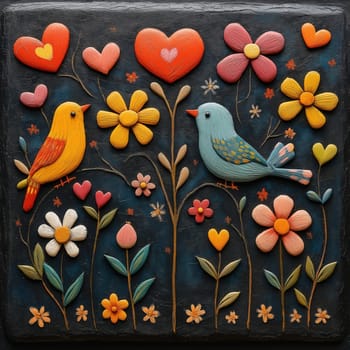 Black textured background with painted birds, flowers and hearts. Selective focus.