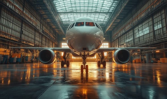 Airplane in hangar before technical inspection. Selective focus.
