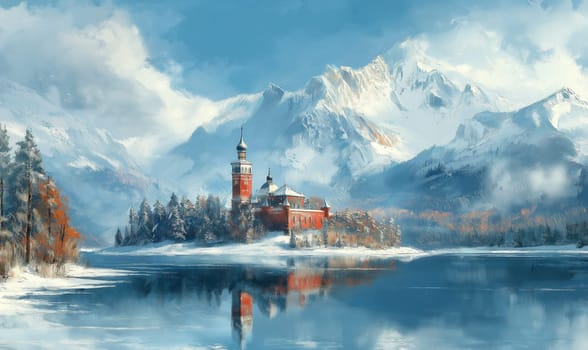 Winter castle standing on the shore of a reservoir against the backdrop of mountains. Selective focus.
