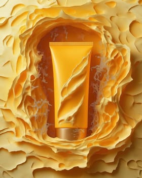 A tube of cream on a creative background, yellow on yellow. Selective focus.