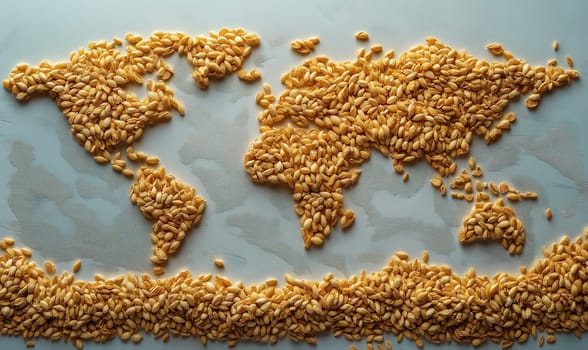 A world map laid out of grain crops on a light background. Selective focus.