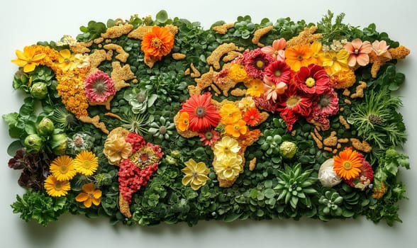 Creative design of a world map laid out of flowers, on a light background. Selective focus.