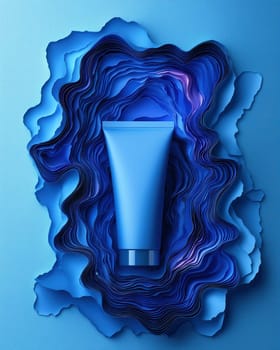 A tube of cream on a creative background, blue on blue. Selective focus.