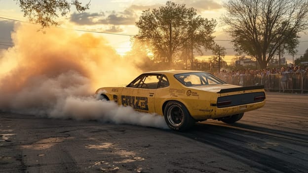 Powerful sports cars race through city streets at sunset, leaving a trail of smoke, thrilling spectators with high speed action