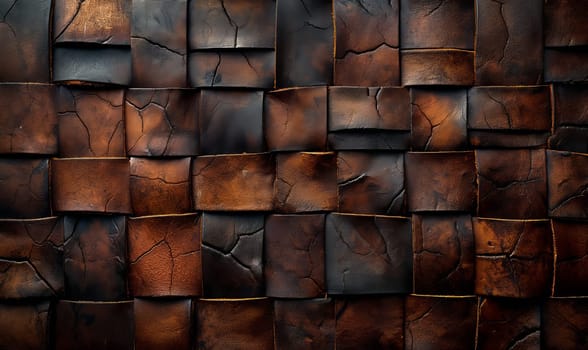 Dark brown background with intertwined texture of leather stripes. Selective focus.