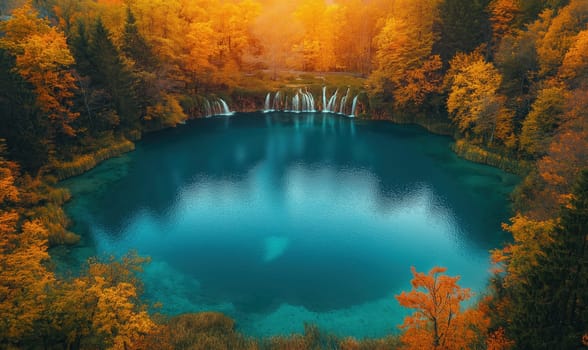 Natural landscape with a colorful autumn waterfall. Selective focus.