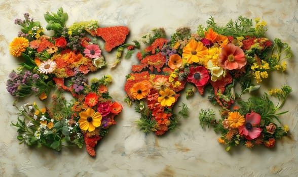 Creative design of a world map laid out of flowers, on a light background. Selective focus.
