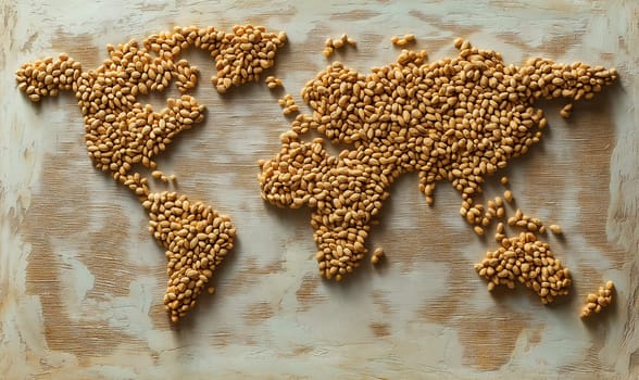 A world map laid out of grain crops on a light background. Selective focus.