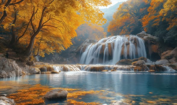 Natural landscape with a colorful autumn waterfall. Selective focus.