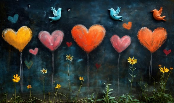 Black textured background with painted birds, flowers and hearts. Selective focus.