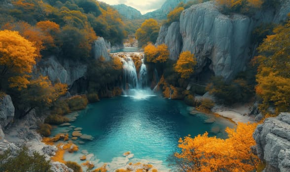 Natural landscape with a colorful autumn waterfall. Selective focus.