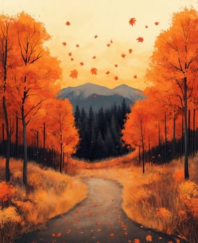 Calm landscape painting painted in autumn colors. Selective focus.