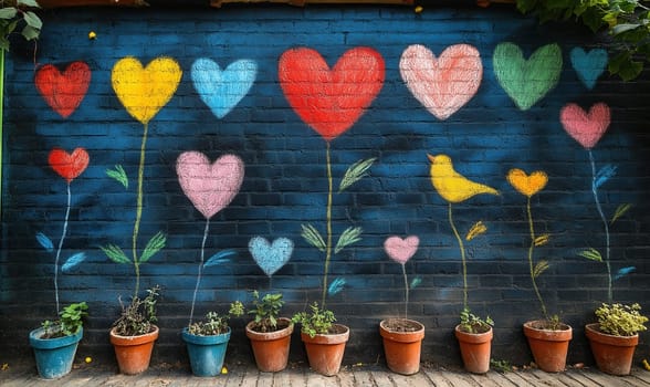 Colorful chalk drawings depicting hearts, flowers and birds on a black background. Selective focus.