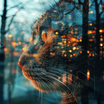 Cat's face is shown in a blurry, distorted way, with the eyes and nose clearly visible. The image has a dreamy, ethereal quality, as if the cat is looking into a mirror or a window