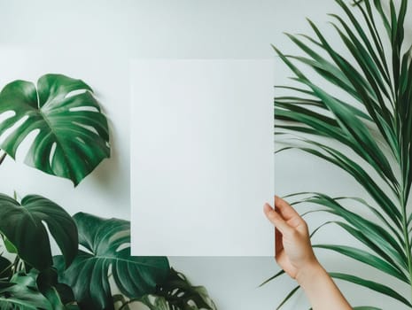 Tropical minimalism: hand holding blank paper amidst lush greenery for design concepts.