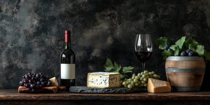 Ultra realistic wine and cheese arrangement with grapes and barrel for culinary art.