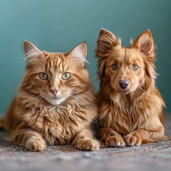 Cat and a dog are laying on a bed together. The cat is sleeping and the dog is looking at the camera