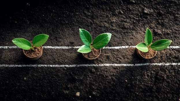 Four delicate seedlings sprout in a row behind white chalk lines, symbolizing growth in nature and business
