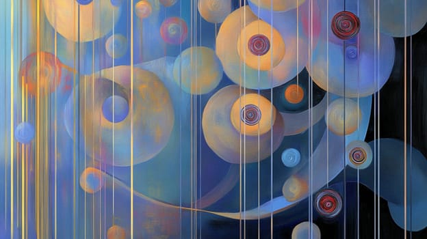 Colorful abstract painting with organic shapes and lines flowing in a vertical pattern, creating a sense of movement and depth