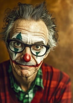 Senior man with messy gray hair wears clown makeup and a red sweater, staring with piercing green eyes