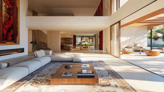 A spacious living room features a plush sofa, a wooden coffee table, and large windows offering natural light. The interior has a minimalist design, creating a warm and inviting atmosphere.