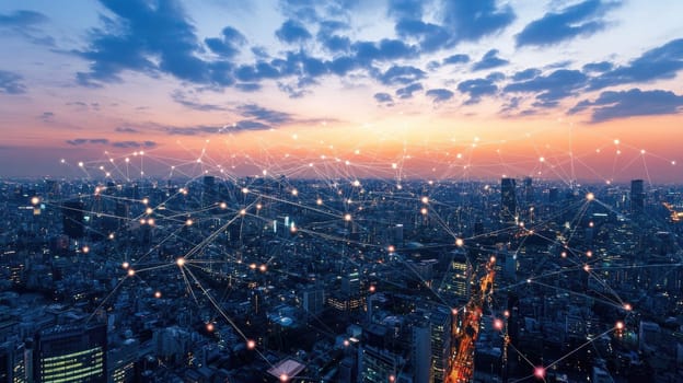 An expansive city skyline demonstrates the interplay of urban life and technology as the sunset casts a warm glow. Network connections create a digital overlay, highlighting connectivity.