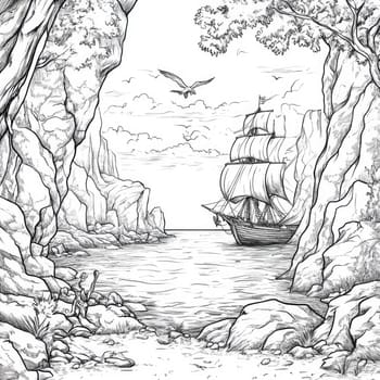 A majestic sailing ship rests in a tranquil cove, surrounded by towering rocky cliffs. The scene captures the beauty of nature, with birds soaring overhead and calm waters reflective of the sky.