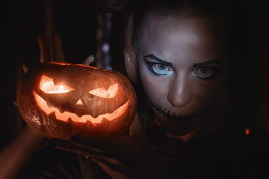 Horrible girl with scary mouth and eyes, halloween concept