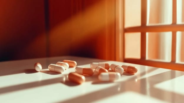 Various pills neatly arranged on a wooden table in sunlight, casting shadows. Represents health, wellness, and pharmaceutical care. Close up view with copy space