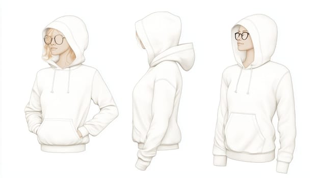 Four views of a female mannequin wearing a blank white hoodie, perfect for showcasing your apparel designs. The mannequin has her hair tied up in two buns