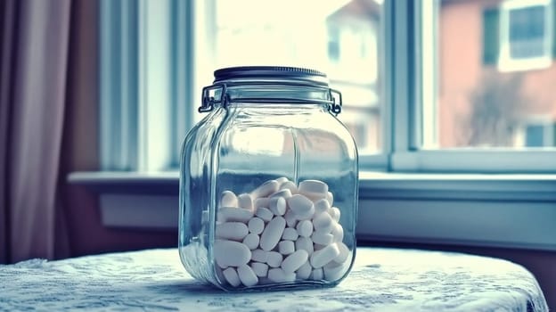 Glass jar overflowing with white pills sits on a table near a window, suggesting concepts of medicine, healthcare, and potential overmedication