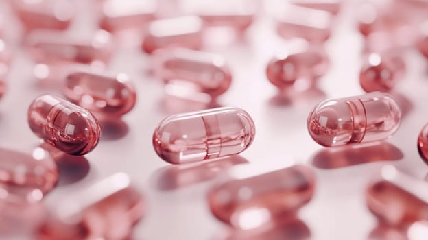 Red pills are scattered on a reflective surface, creating a sense of sterile abundance. The image evokes themes of medicine, pharmaceuticals, and healthcare