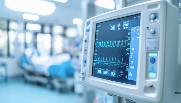 Medical monitor displaying patient's vital signs in a hospital room with a patient resting in the background