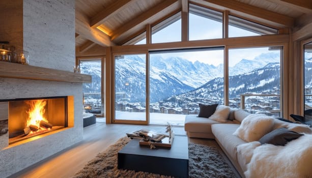 Fire is burning brightly in the fireplace of this cozy living room with a view of snow covered mountains